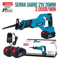Serra Sabre Elétrica Reciprocante 1100W Hanabi Portátil 2800r/min 20mm 2 Baterias p/ Madeira Galhos