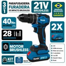 Furadeira Parafusadeira de Impacto Brushless Hanabi 40Nm Torque 21V 2 Baterias Portátil Profissional