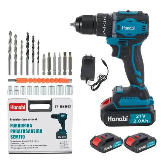 Kit Parafusadeira de Impacto Brushless Hanabi 40Nm Torque 21V 2 Baterias 2.000mAh Portátil Profissional