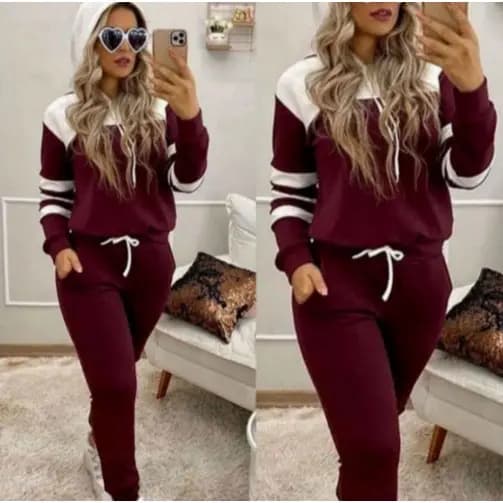 Moleton  De Frio Feminino Blusa e Calça Malha Crepe com Capuz