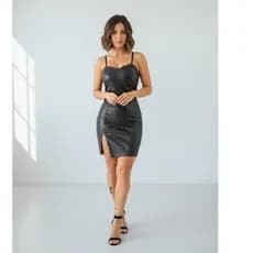 Vestido Feminino Courino/Couro Fake com Fenda Alcinha e Zíper Costas