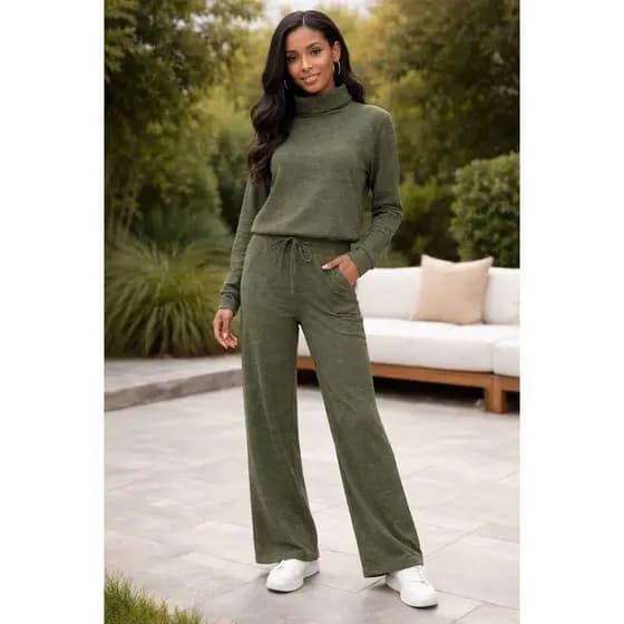 Conjunto feminino Malha Rib Calça + Blusa Gola Alta