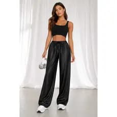 Calça Couro fake de Perna Larga, Minimalista e da Moda para Uso Casual Diário