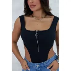 Body Feminino Cavado Decote Quadrado com Zíper Frontal Blogueira