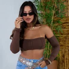 Cropped Feminino Canelado Ribana Manga Longa Ombro a Ombro Tomara que Caia