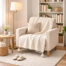 Manta Decorativa em Algodão com Pompons – Xale e Peseira para Sofá 1,40x1,40m