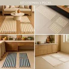 Kit Tapetes 3 Peças Listrados Com Franjas Búzios Para Cozinha Moderna, Corredor, Lavanderia E Espaços Integrados