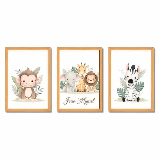 Quadro Decorativo Infantil Safari Personalizado Nome Animais Bebê Decoração 3 Peças