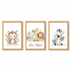 Quadro Decorativo Infantil Safari Personalizado Nome Animais Bebê Decoração 3 Peças