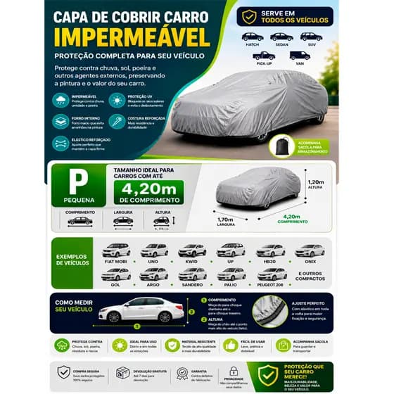 Capa Carro Impermeável Forrada Compactos Proteção UV Universal P Até 4,20m