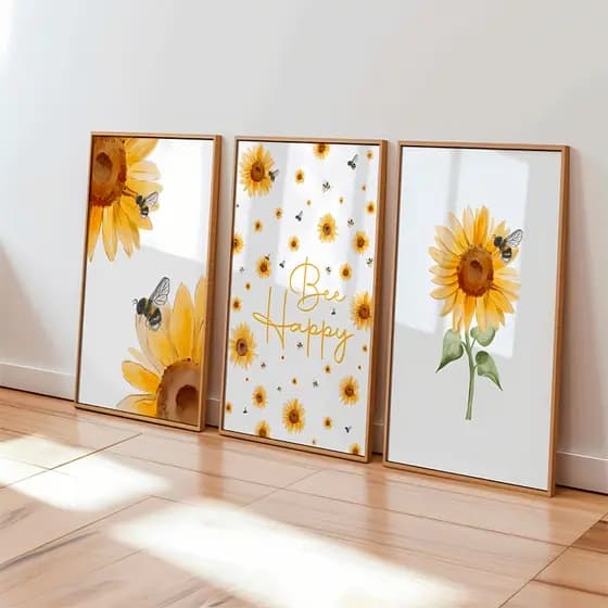 Quadros Decorativos Girassol Bee Happy Trio Floral Moderno Frase Positiva Amarelo Decoração Luxo