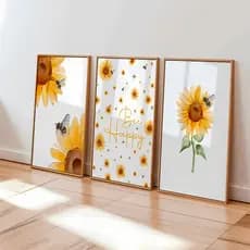 Quadros Decorativos Girassol Bee Happy Trio Floral Moderno Frase Positiva Amarelo Decoração Luxo