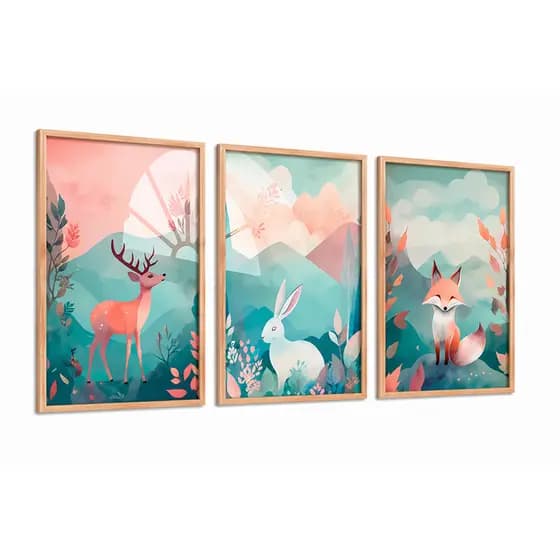 Quadro Infantil Animais Floresta Kit 3 Decoração Quarto Bebê Menino Menina Natureza