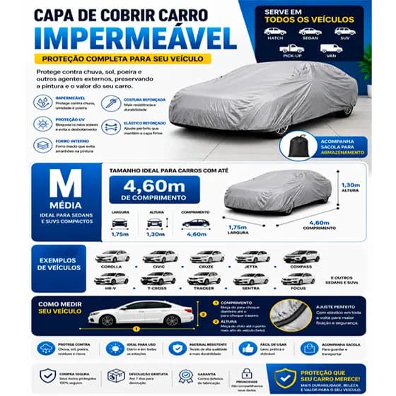 Capa Carro Impermeável Forrada Proteção UV Universal M Sedan SUV Até 4,60m