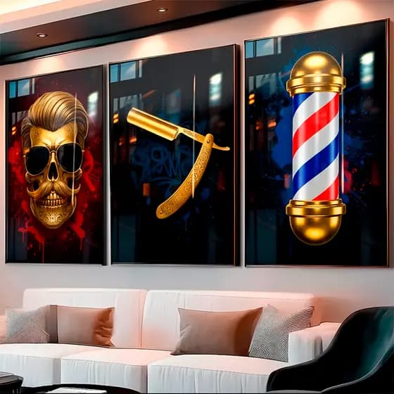 Quadro Barbearia Vintage Luxo Cabeleireiro Decoração Masculina Moderna 3 Peças