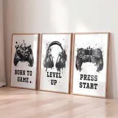Quadros Decorativos Gamer Born To Game Level Up Press Start 3 Peças Decoração Quarto Gamer  Hall
