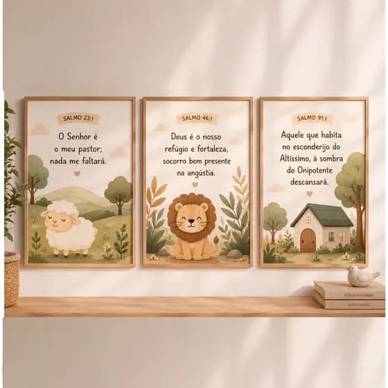 Quadro Infantil Salmos 23:1+ Salmos 46:1 Bíblia Cristão Menino Menina Leão Ovelha Quarto Bebê Kit 3