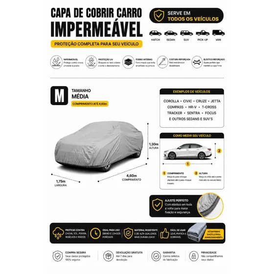 Capa De Cobrir Carro Impermeável Forrada Proteção UV Cobrir Veículo Sedan SUV Hatch Tamanho M