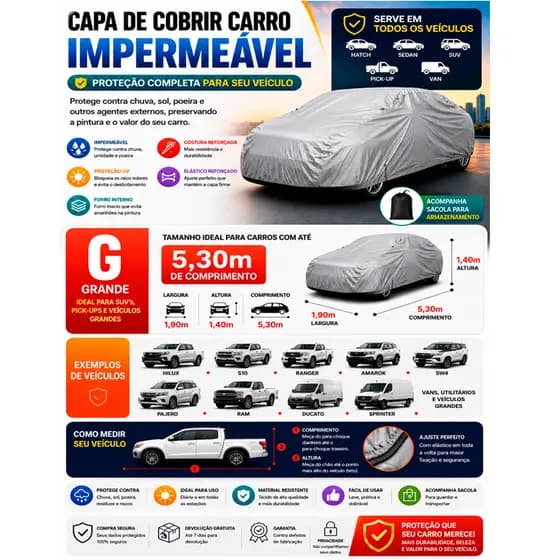 Capa Carro Impermeável Forrada Proteção UV Universal G SUV Pickup Até 5,30m