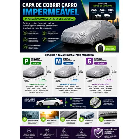 Capa Carro Impermeável Forrada Proteção UV Hatch Sedan SUV Pickup Universal P M G