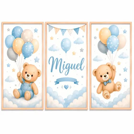 Quadros Decorativos Ursinho Balões Personalizado Nome Bebê Menino Azul Quarto Infantil