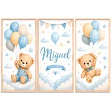 Quadros Decorativos Ursinho Balões Personalizado Nome Bebê Menino Azul Quarto Infantil