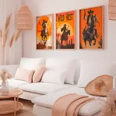 Quadros Decorativos Faroeste Wild West Velho Oeste Cowboy Sala Quarto Moderna Laranja Impactante