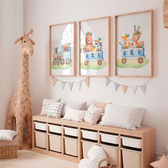 Quadro Decorativo Infantil Safari Trem Animais Decoração Quarto Bebê Menino Kit 3 Peças