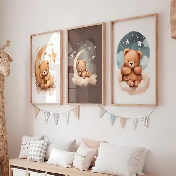 Quadros Decorativos Ursinho Lua Estrelas Infantil Bebê Quarto Menino Kit 3 Peças