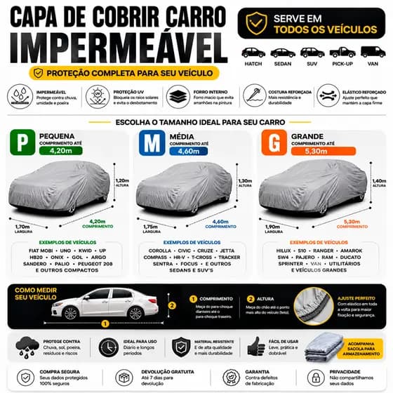 Capa De Cobrir Carro Impermeável Forrada Proteção UV Hatch Sedan SUV Pickup Van P M G Universal