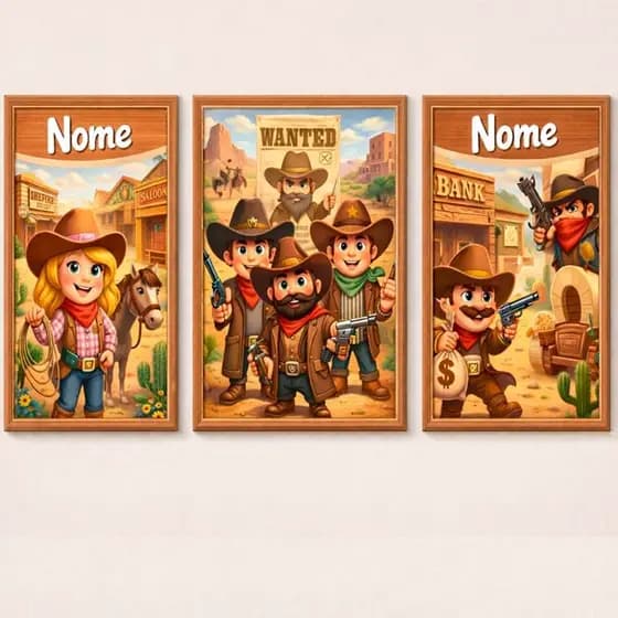 Quadros Decorativos Cowboy Infantil com Nome Personalizado Irmãos – Decoração Quarto Menino Faroeste