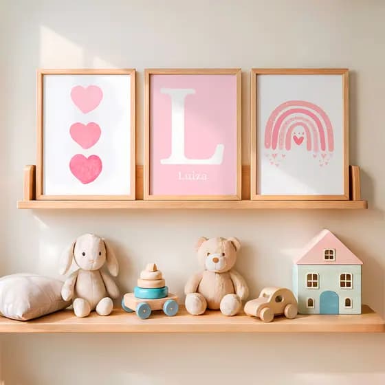 Quadro Infantil Personalizado Nome Menina Rosa Corações Arco Íris Decoração 3 Peças