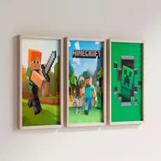 Quadros Minecraft Infantil Kit 3 Peças Decoração Gamer Quarto Menino Geek Jogo Eletrônico Gamer