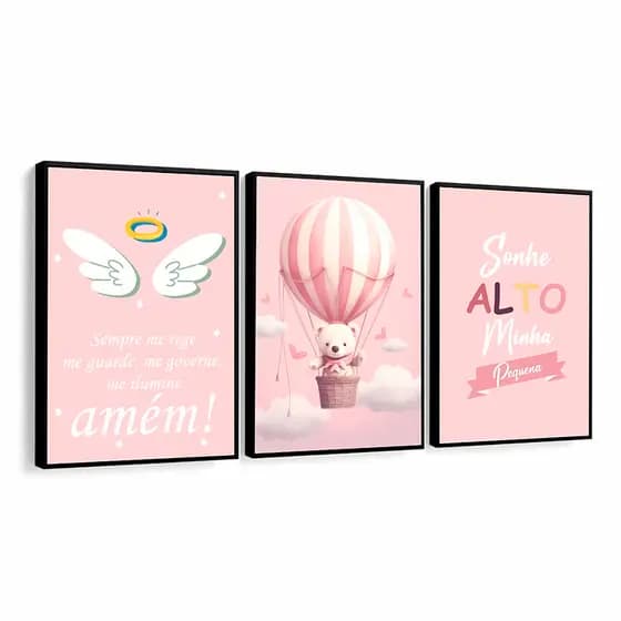 Quadro Decorativo Infantil Menina Rosa Bebê Ursinha Balão Frases Quarto Bebê