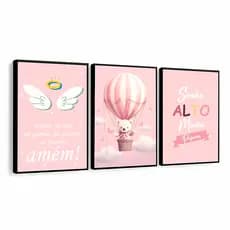 Quadro Decorativo Infantil Menina Rosa Bebê Ursinha Balão Frases Quarto Bebê