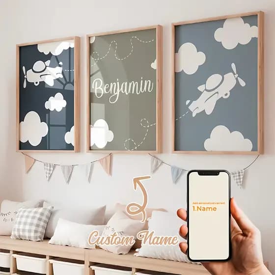Quadros Avião Infantil Personalizado Nome Decoração Quarto Bebê Menino