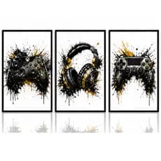 Quadro Gamer Controles Gamer Consoles Xbo Playsta Headset Setup Gamer Kit 3 Peças Decorativo