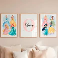 Quadro Decorativo Princesas Desenho Nome Personalizado Menina Infantil Quarto Bebê Rosa Kit 3 Peças