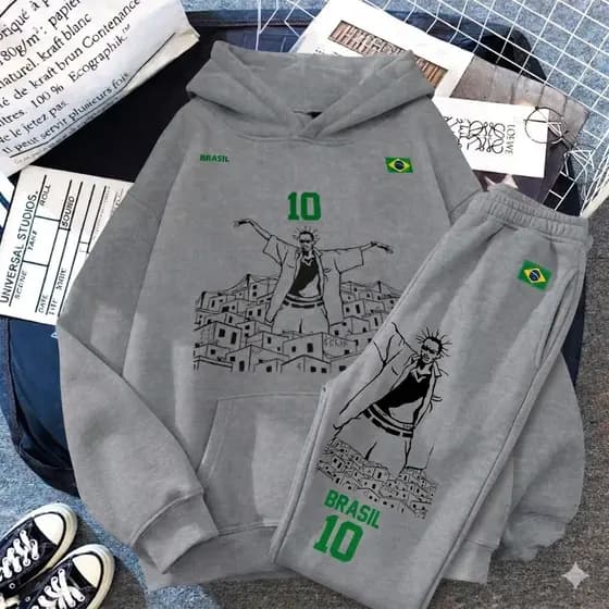 Conjunto Moletom Brasil 10 Streetwear Canguru + Calça Flanelada Inverno Frio Unissex Moda Urbana