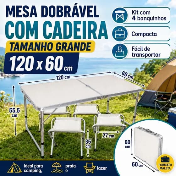 Mesa COM CADEIRA Para Camping E Praia Tipo Maleta Dobrável C/4 Banquetas