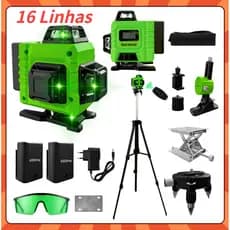 Nível Laser 16 Linhas Verde Profissional Com 2 Baterias Com tripé profissional+ Maleta