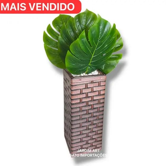 Decoração de Chão com Planta Artificial Costela de Adão 4 Folhas e Vaso Coluna com Pedras