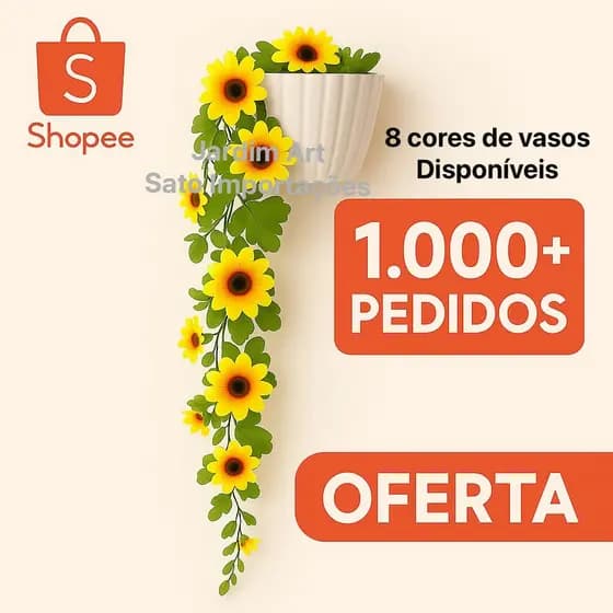 Kit 2 Arranjos Pendente de Girassóis Artificiais no Vaso Cerâmico 8 Cores