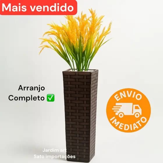 Vaso Torre Trançado com Trigo Artificial Amarelo ref 3BCG