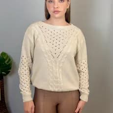 Blusa Feminina em Tricot Blusa Manga Longa Trancinha Detalhada Poliéster Blusa Listrada