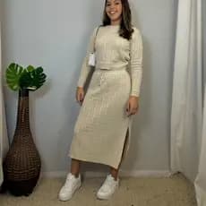 Conjunto em Tricot Feminino Trancinha c\Fenda Conjunto em Malha Poliéster Outono Inverno