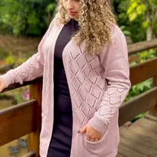 Cardigan Feminino em Tricot c Bolso Casaco Feminino c Bolso