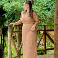 Conjunto Tricot Feminino Blusa Manga longa e Saia em Tricot Poliéster