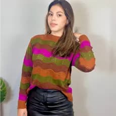 Blusa Feminina em Tricot Blusa Listrada em Manga Longa Vazada