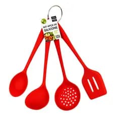 Kit 4 Utensílios De Cozinha Em Silicone Resistente 230°c Para Cozinha Buffet Restaurante Vermelho